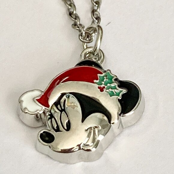Vintage Disney Minnie Mouse Christmas Necklace Santa Hat 18" Chain Enamel Signed - Picture 3 of 7